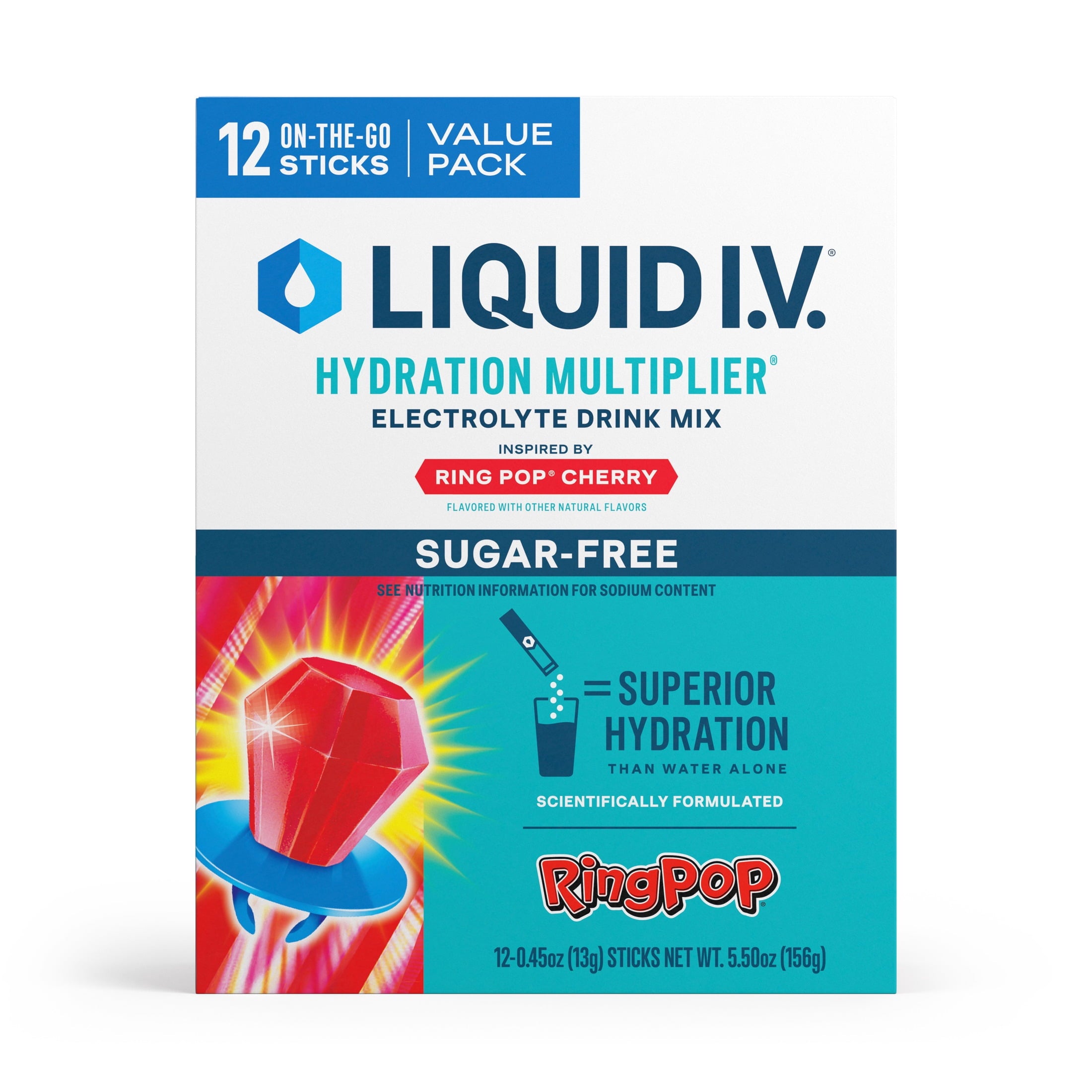 Liquid I.V. Ring Pop Cherry Hydration Multiplier Sugar-Free Electrolyte Powder Drink Mix, 12 Count Packets