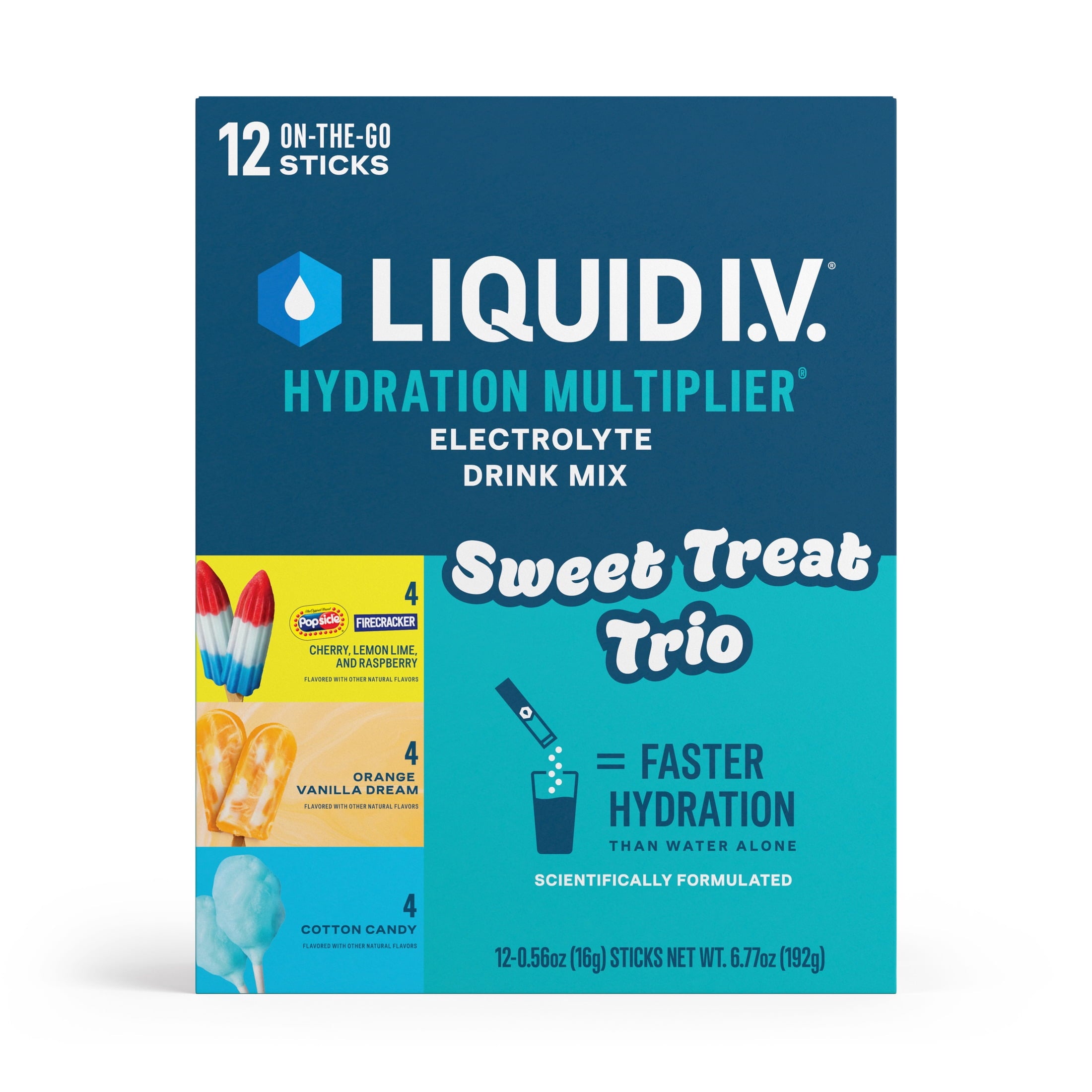 Liquid I.V. Sweet Treat Trio Popsicle Firecracker, Orange Vanilla Dream, and Blue Cotton Candy Hydration Multiplier Powdered Electrolyte Drink Mix, 12 Count Packets