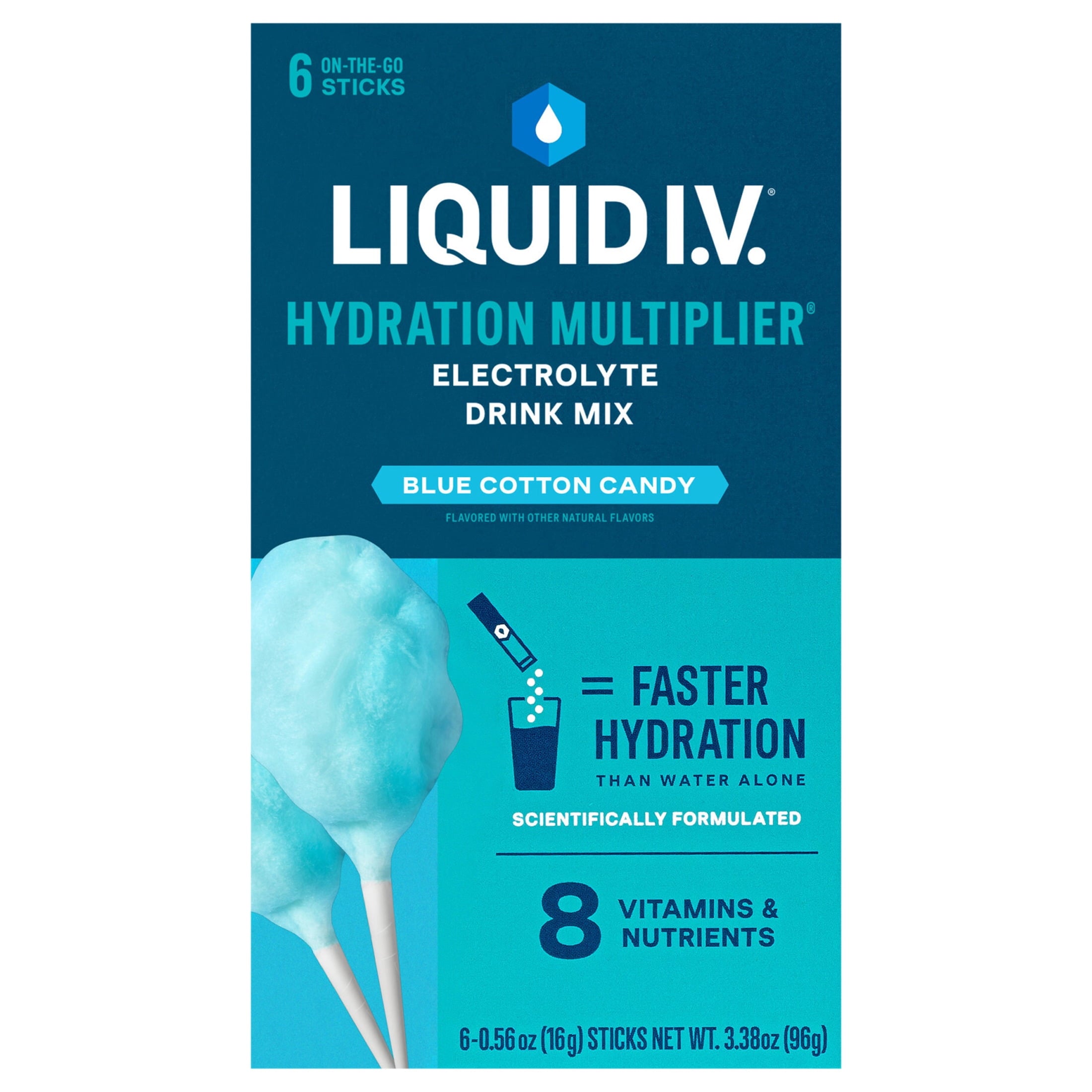 Liquid I.V. Blue Cotton Candy Hydration Multiplier Powdered Electrolyte Drink Mix, 6 Count Packets