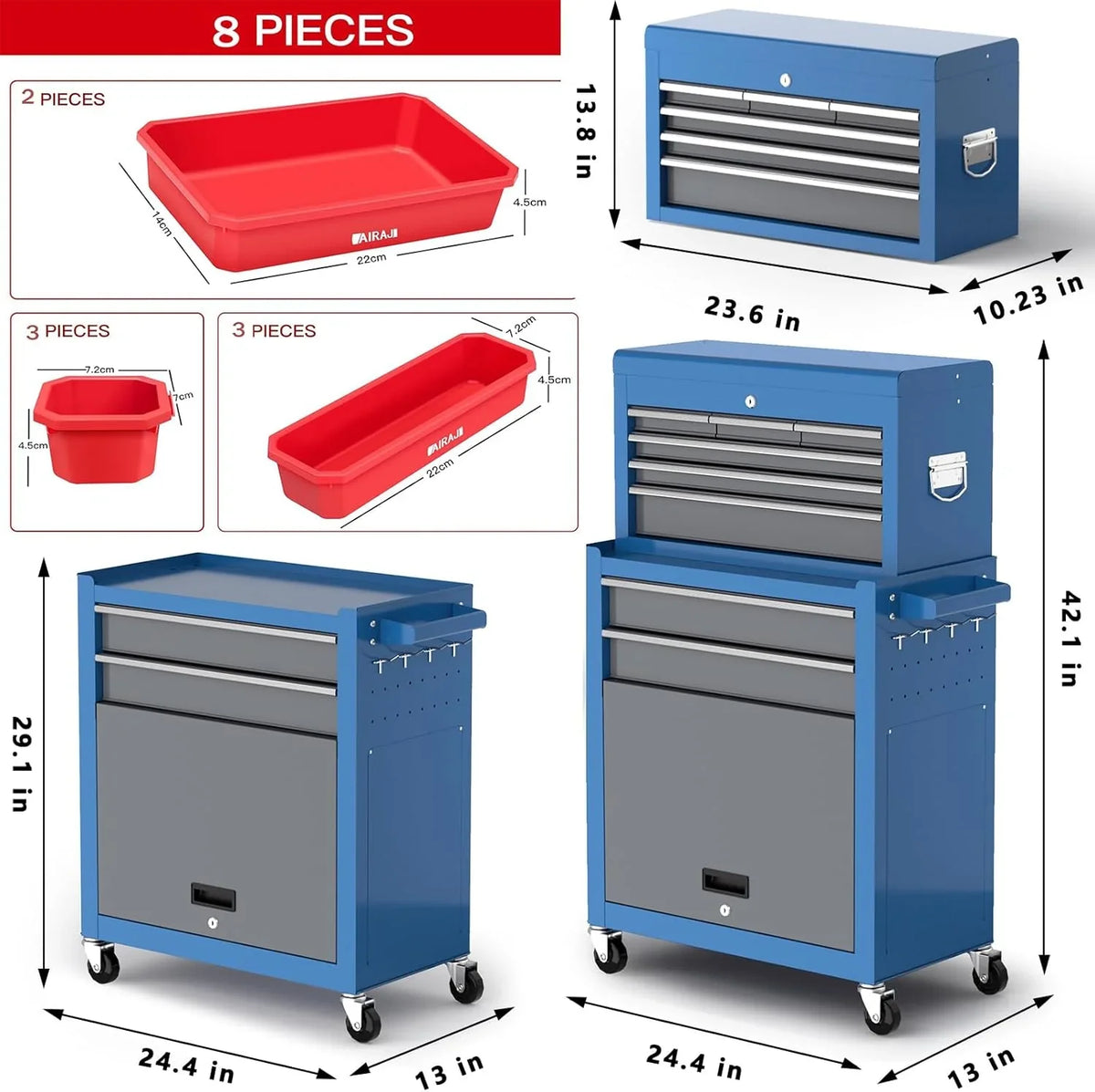 Tool Chest 8-Drawer | 42'' Large Rolling Tool Chest with Wheels | Detachable Top Metal Tool Box | Garage Storage Cabinet for Repair Room,storage area | Rolling Tool Box with Hooks,Liners,Tray Divider