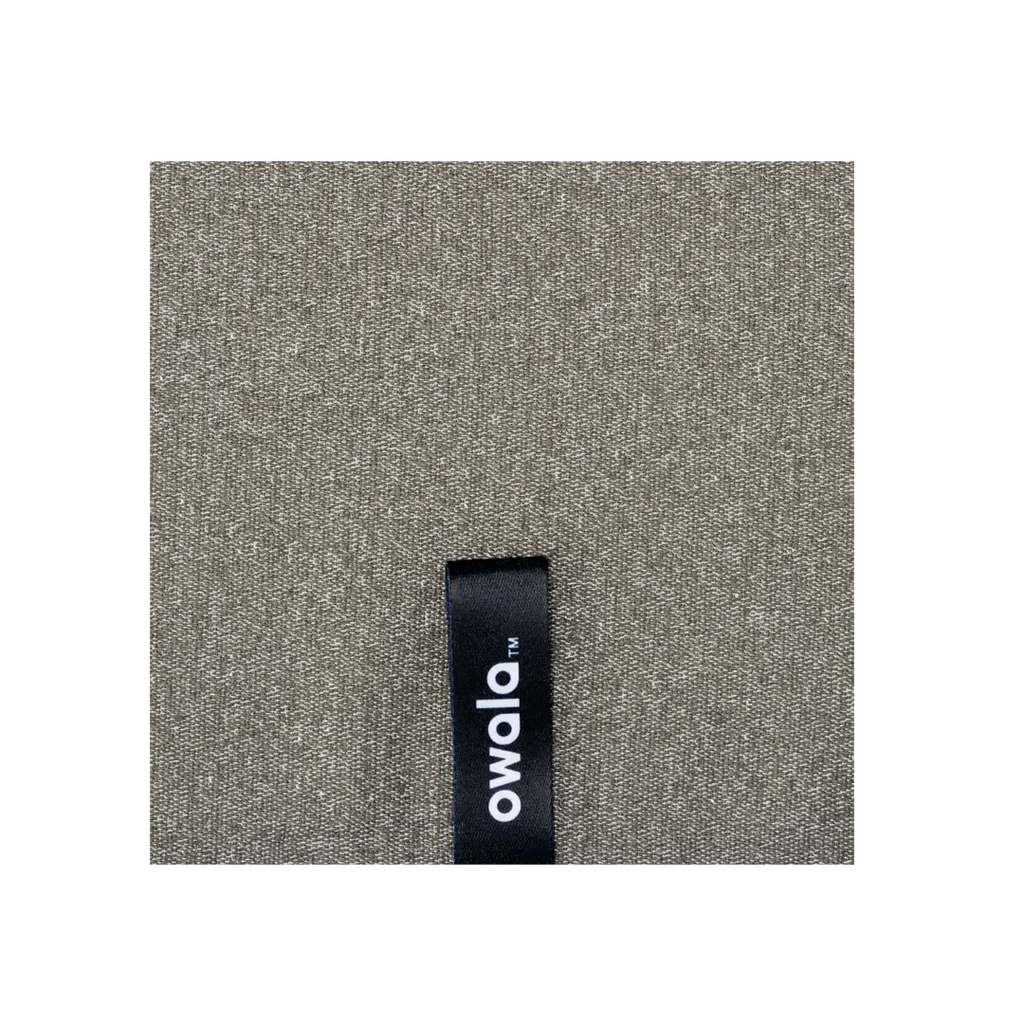 Owala towel in Tropic Like It's Hot, grey microfiber towel back detail with black Owala woven label tag