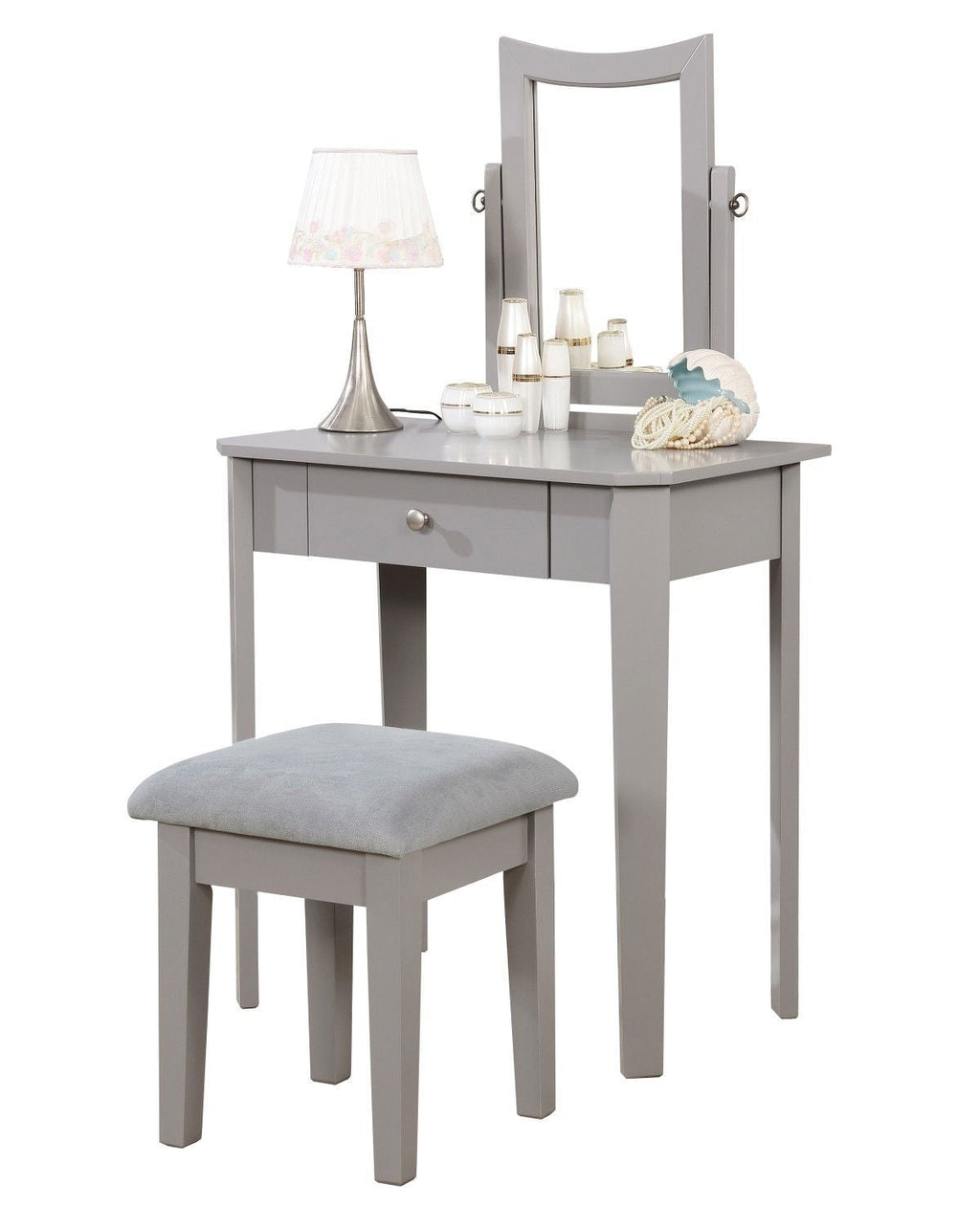 Brassex Cece 1-Drawer Grey Dressing Table Makeup Vanity Set with Stool and Mirror