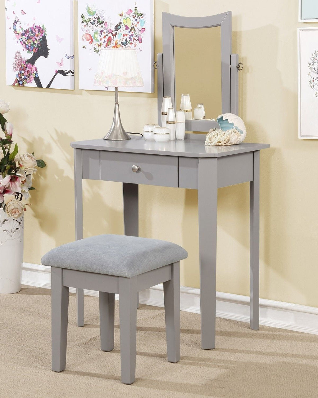 Brassex Cece 1-Drawer Grey Dressing Table Makeup Vanity Set with Stool and Mirror