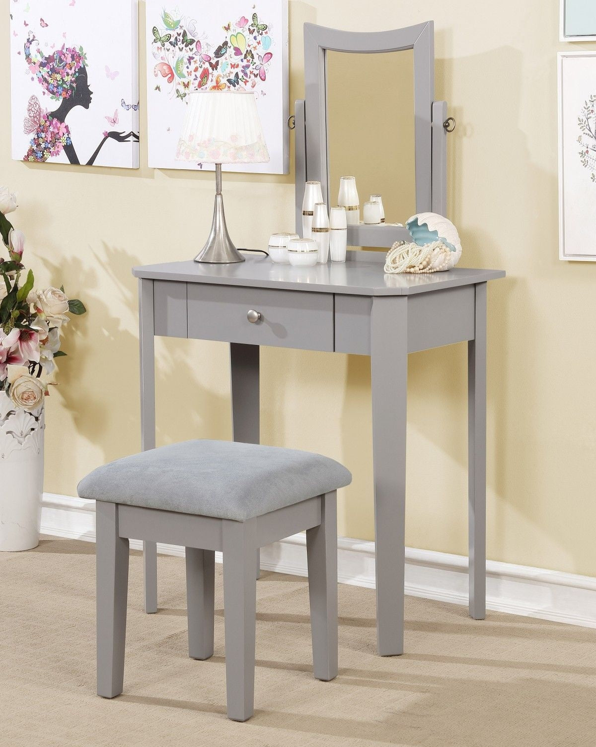 Brassex Cece 1-Drawer Grey Dressing Table Makeup Vanity Set with Stool and Mirror