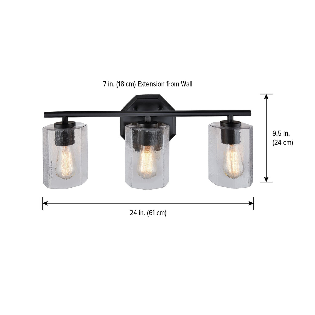 CANVAS Bridgewater 3-Light Vanity Light Fixture with Rippled Glass Shade, Black