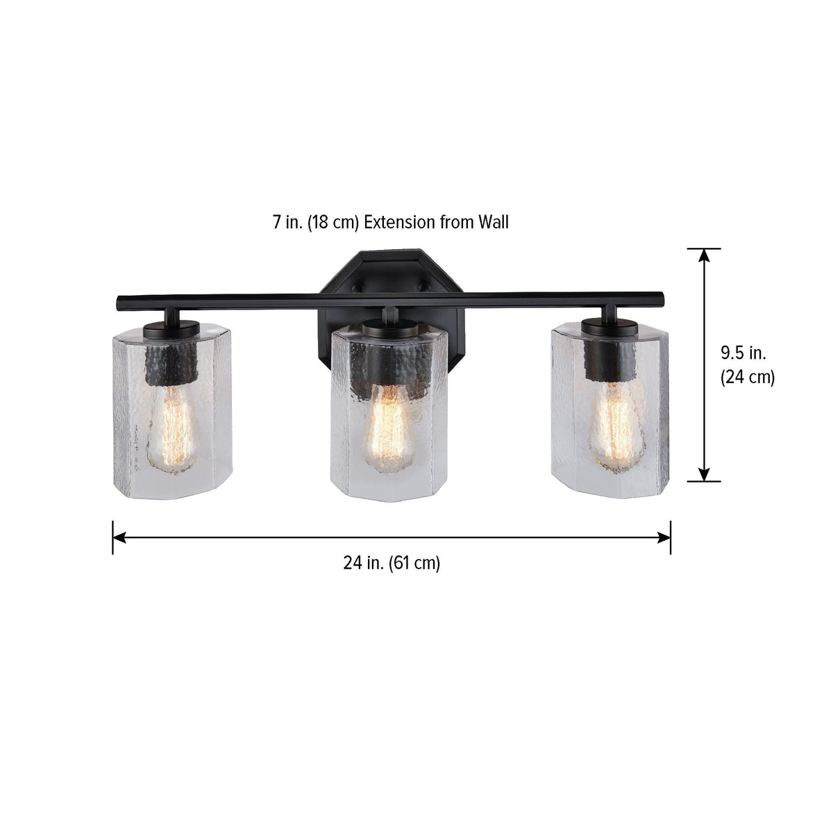 CANVAS Bridgewater 3-Light Vanity Light Fixture with Rippled Glass Shade, Black