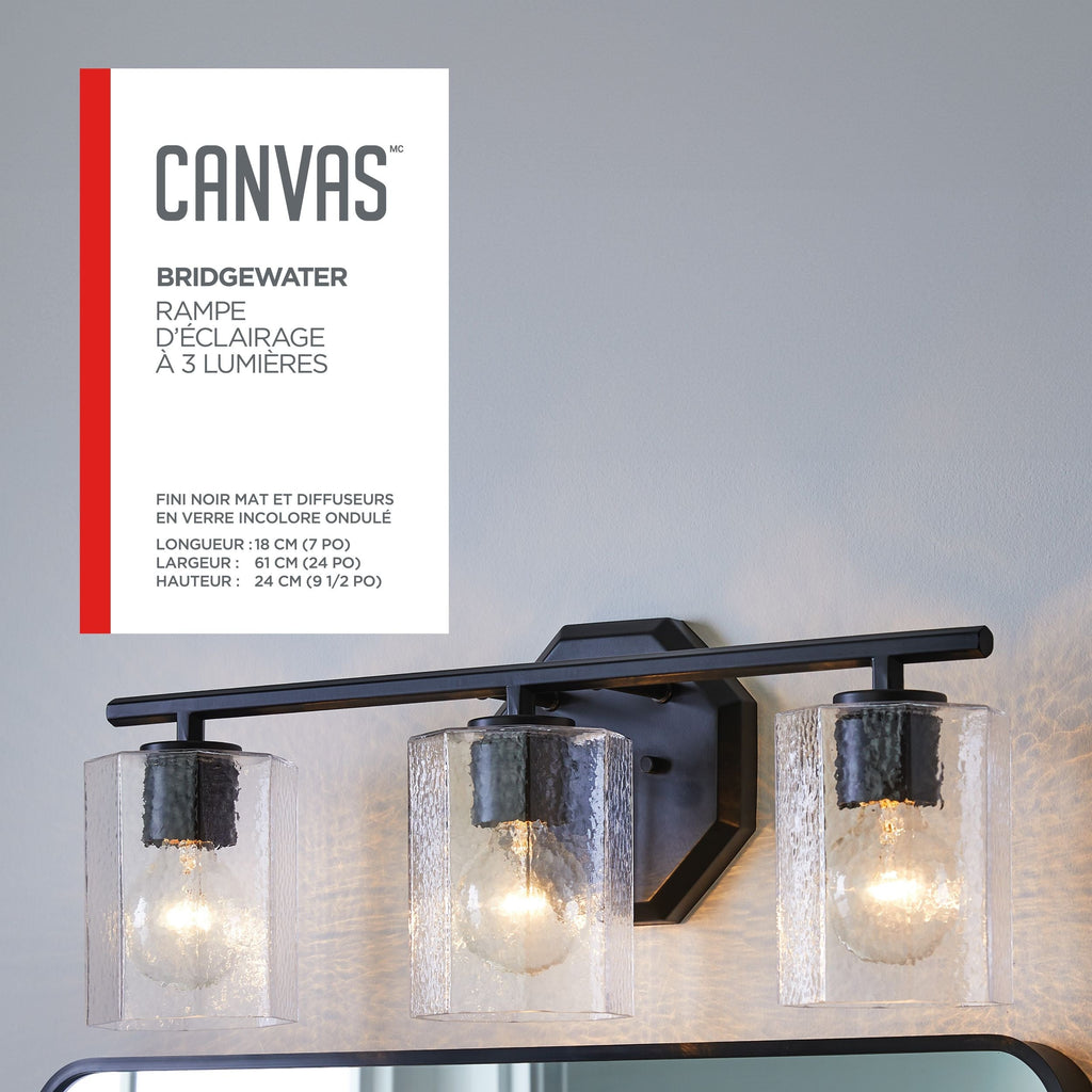 CANVAS Bridgewater 3-Light Vanity Light Fixture with Rippled Glass Shade, Black