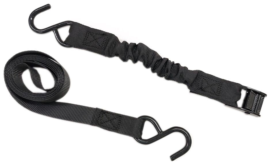 Certified Bungee Cam-Buckle Tie-Down, 600-lb Break Strength, Black, 8-ft, 2-pk