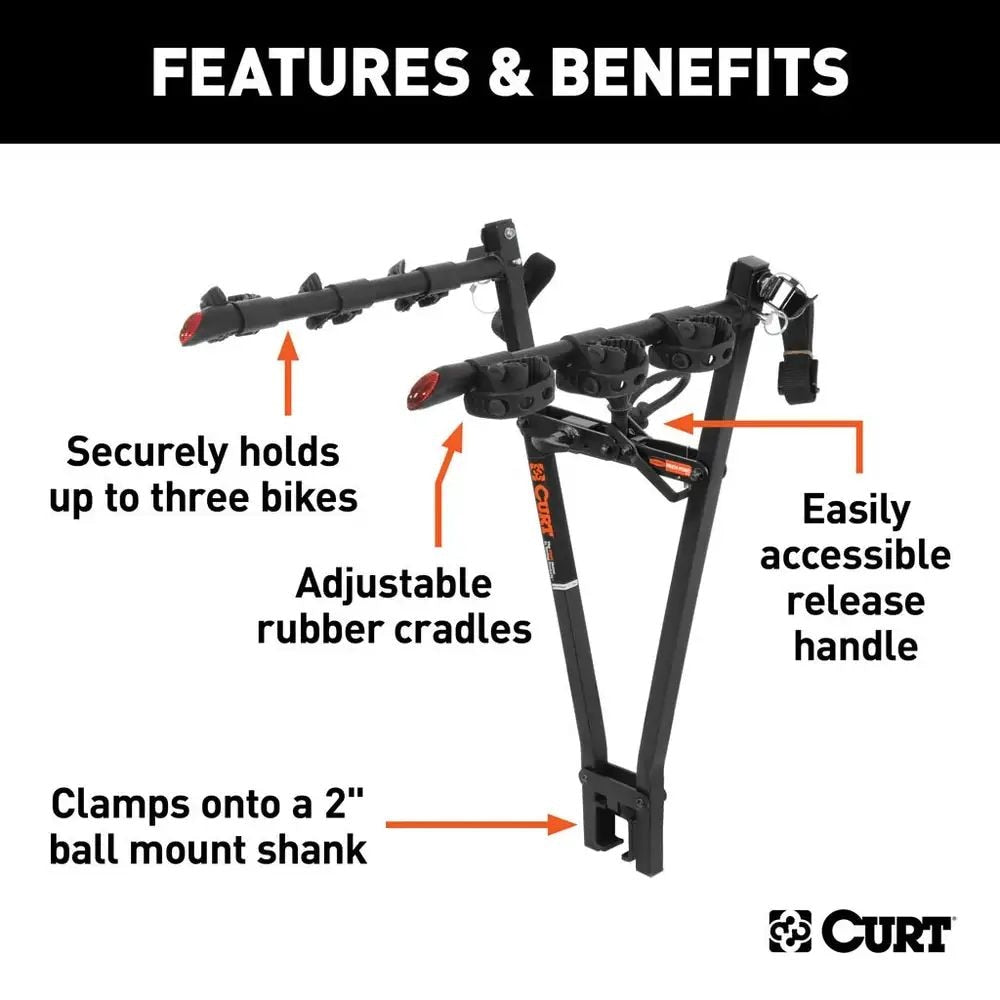 CURT 18013 Clamp-On 3-Bike Hitch Mount Bike Rack, Fits Over 2-in Receiver, Black