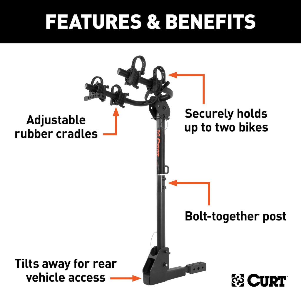 CURT 18021 Hitch Mounted Bike Rack, Fits 1-1/4" and 2" Receiver, 2 Bikes