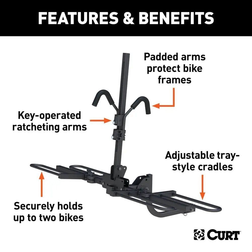 CURT 18085 2-Bike Tray-Style Hitch Mount Bike Rack, Fits 1-1/4, 2-in Receiver, Black
