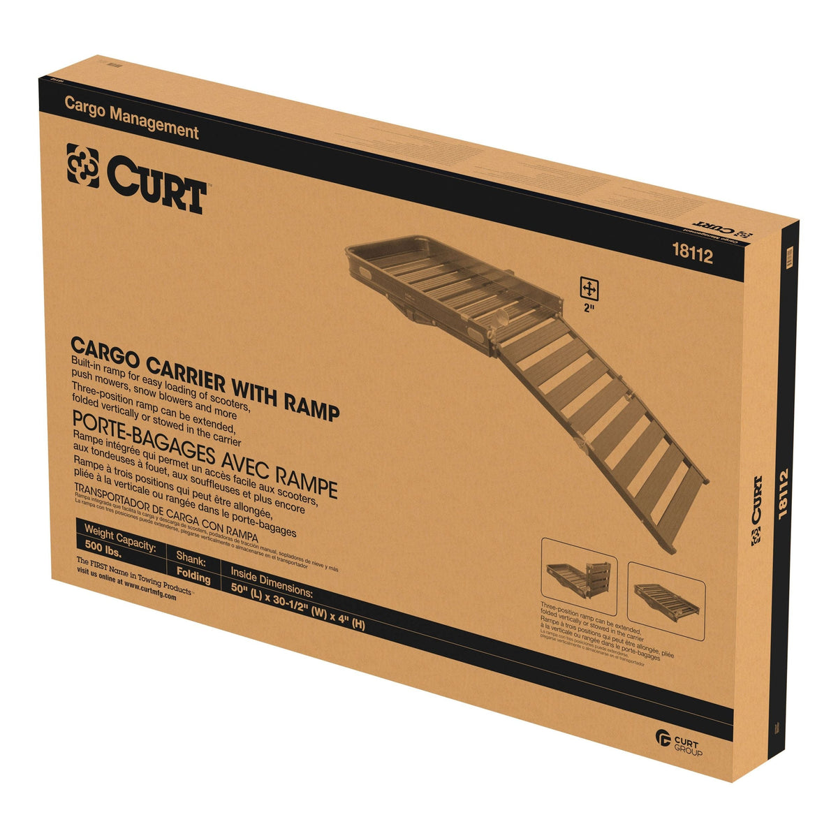 CURT 18112 Aluminum Hitch Mount Basket-Style Cargo Carrier with Ramp, Fits 2-in Receivers, 50 x 30-in