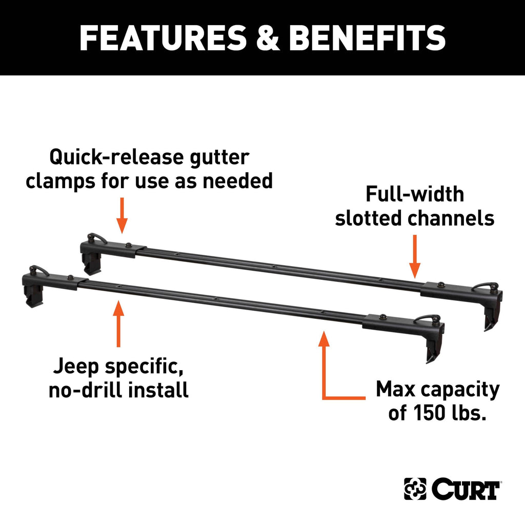 CURT 18119 Quick-Release Roof Rack Crossbars, Black Steel, Select Jeep Wrangler JK