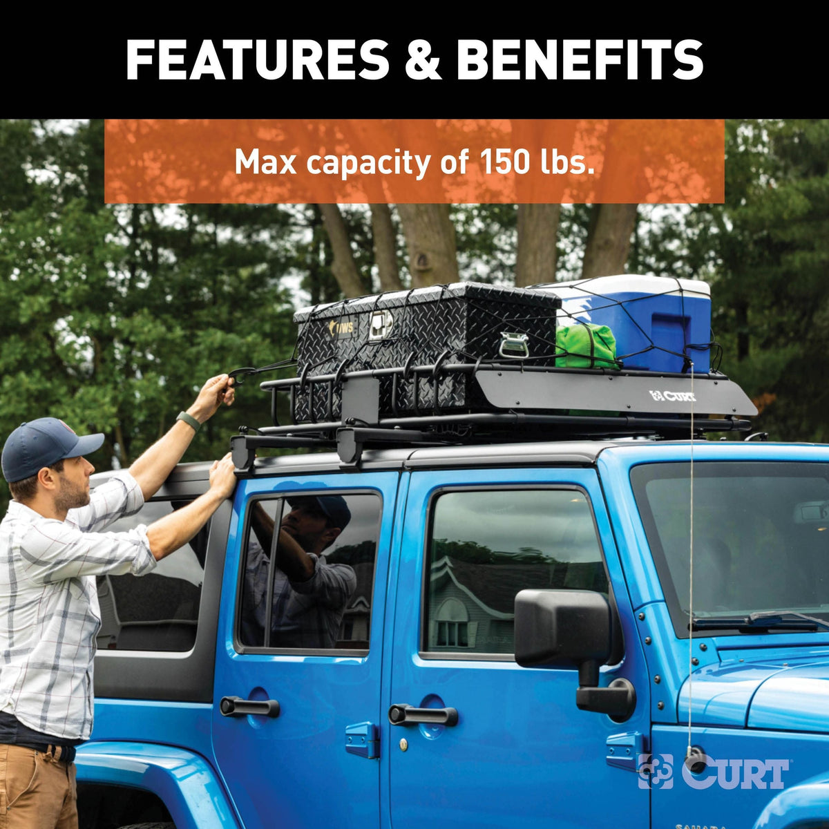 CURT 18122 Quick-Release Roof Rack Crossbars, Black Steel, Select Jeep Wrangler JK