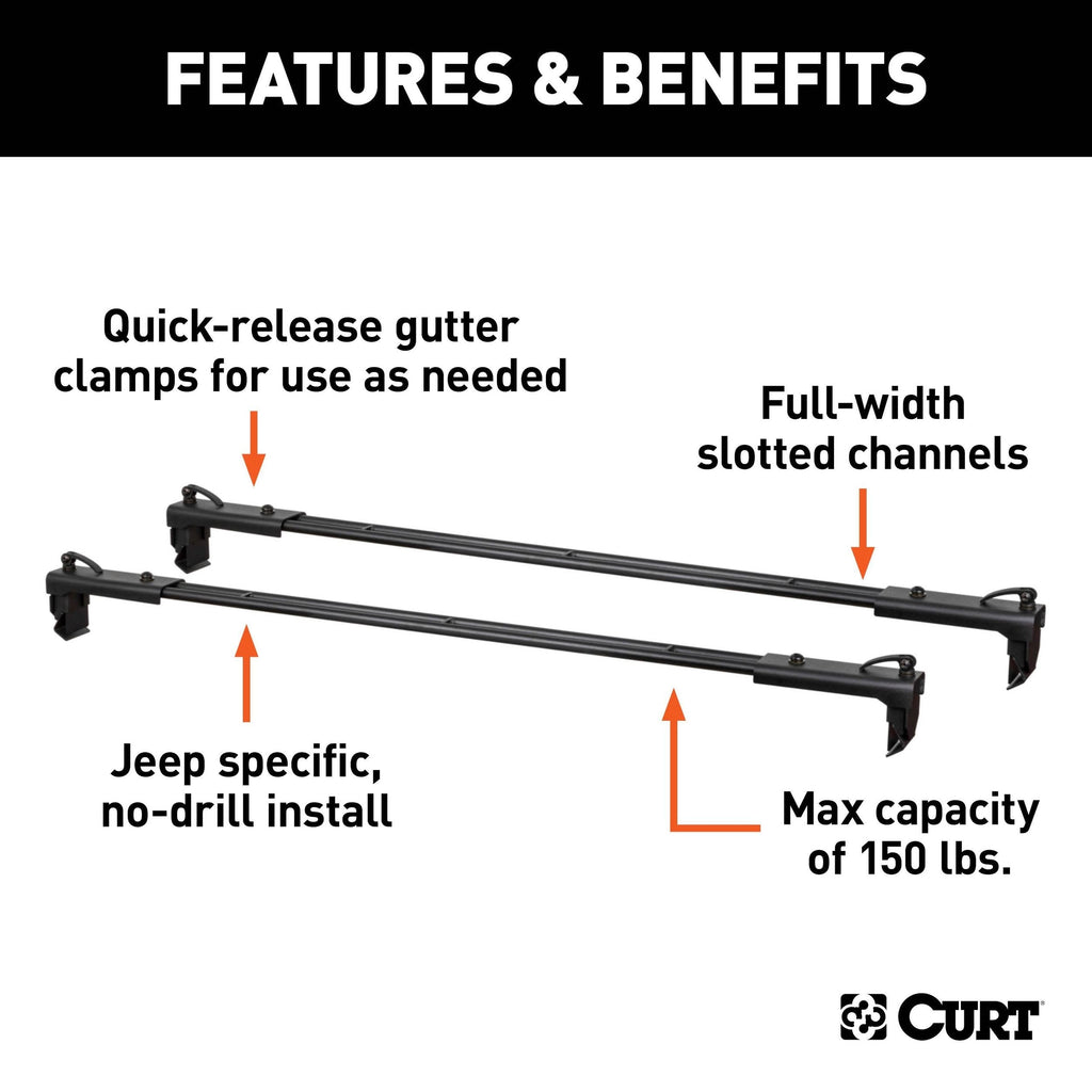 CURT 18122 Quick-Release Roof Rack Crossbars, Black Steel, Select Jeep Wrangler JK