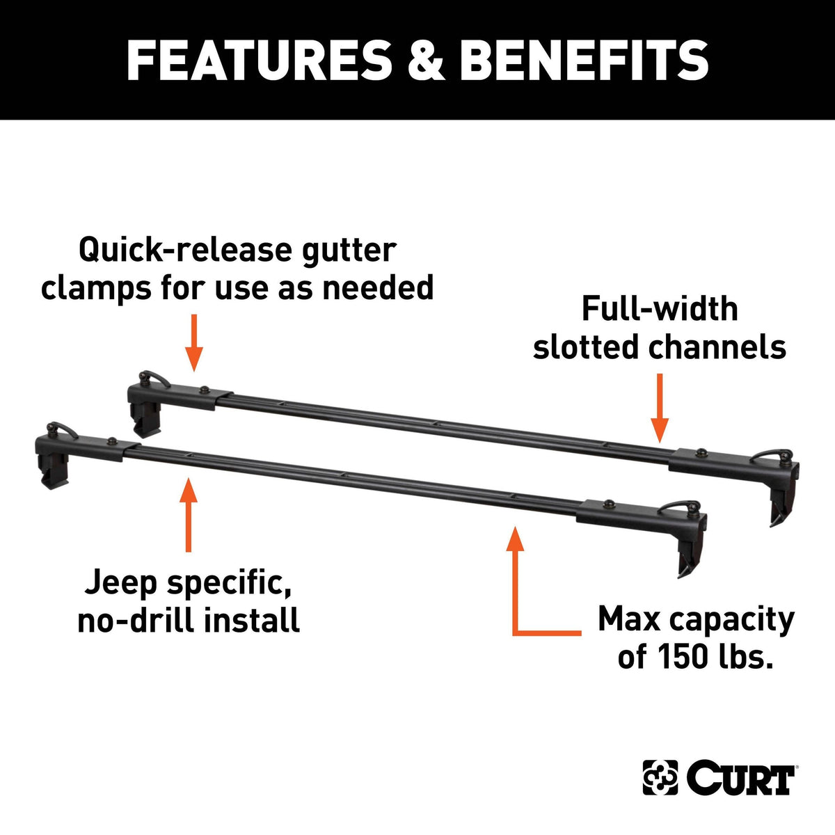 CURT 18122 Quick-Release Roof Rack Crossbars, Black Steel, Select Jeep Wrangler JK