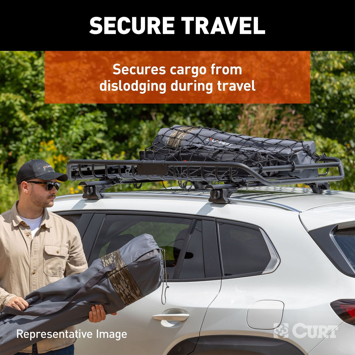 CURT 18219 Elastic Cargo Net with Hooks for Extended Roof Basket, 64 x 36-in