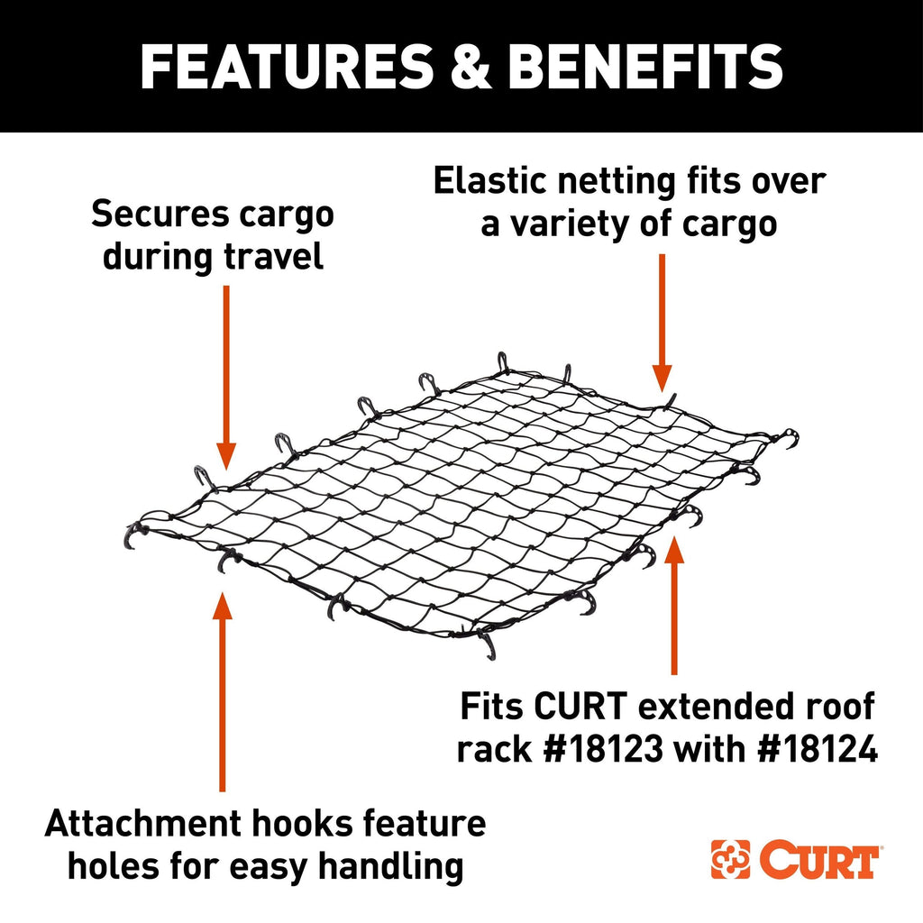 CURT 18219 Elastic Cargo Net with Hooks for Extended Roof Basket, 64 x 36-in
