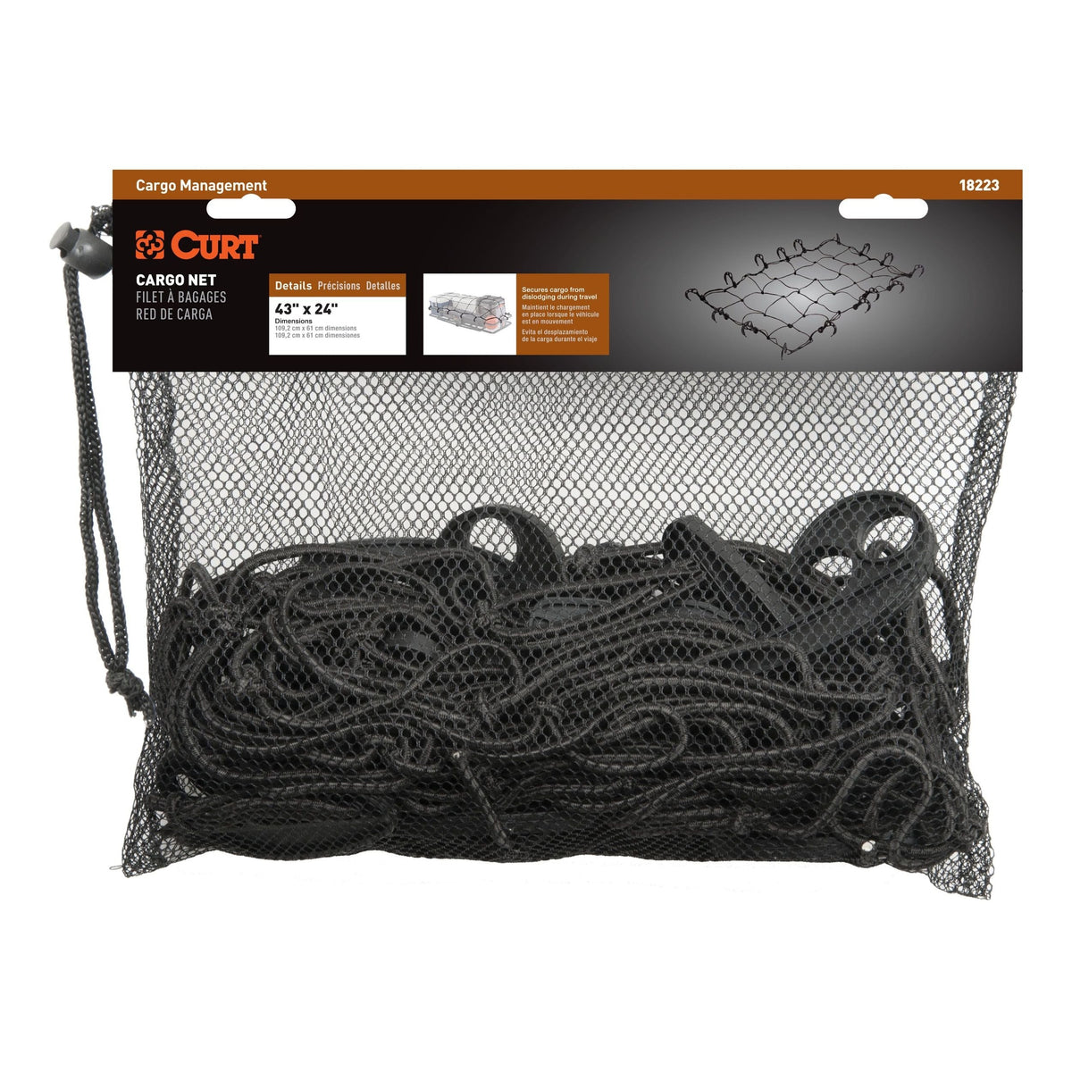CURT 18223 Elastic Cargo Net with Hooks for Hitch Carrier, 43 x 24-in