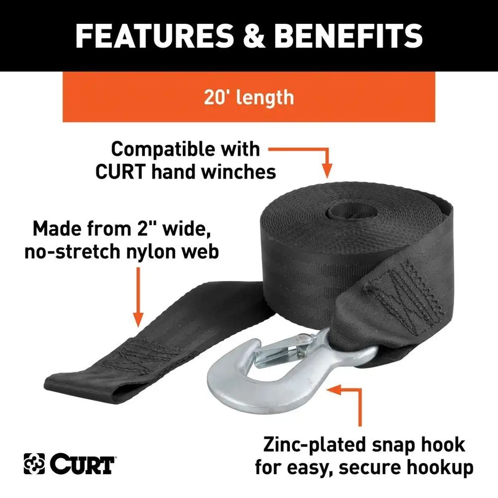 CURT 29451 2-in x 20-ft Nylon Winch Strap with Hook, 3,300-lbs