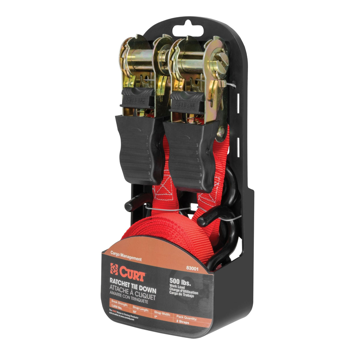 CURT 83001 10-ft Red Cargo Straps with S-Hooks (500-lb, 2-pk)