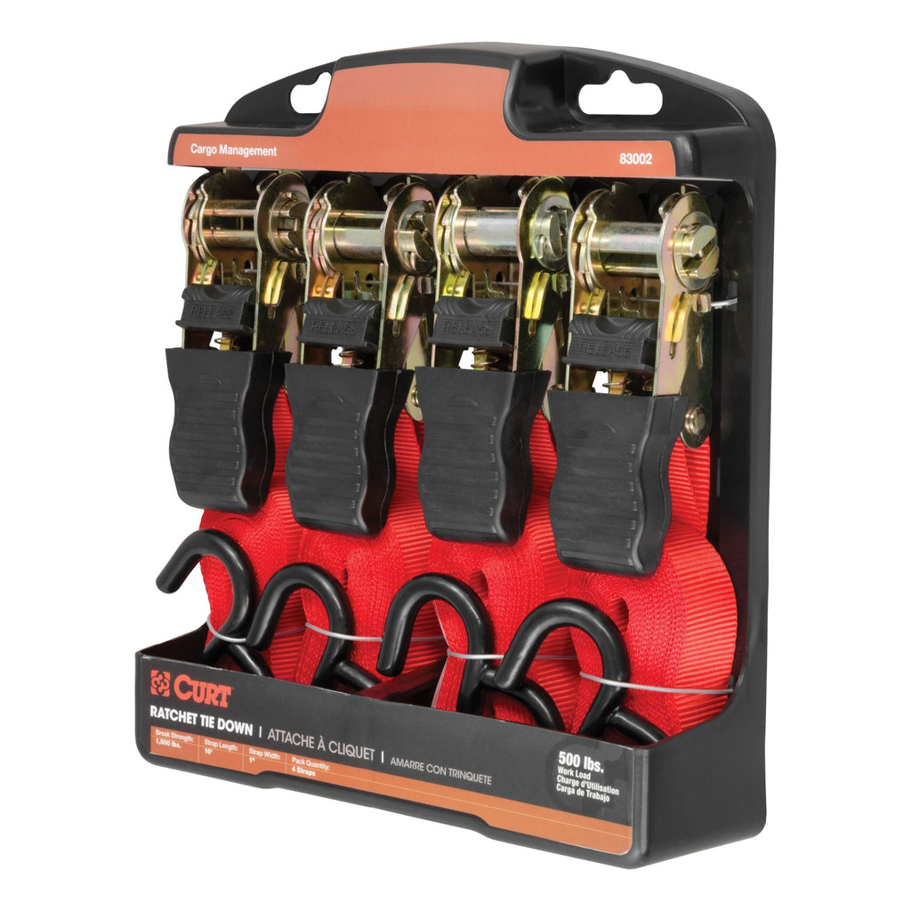 CURT 83002 16-ft Red Cargo Straps with S-Hooks (500-lb, 4-pk)