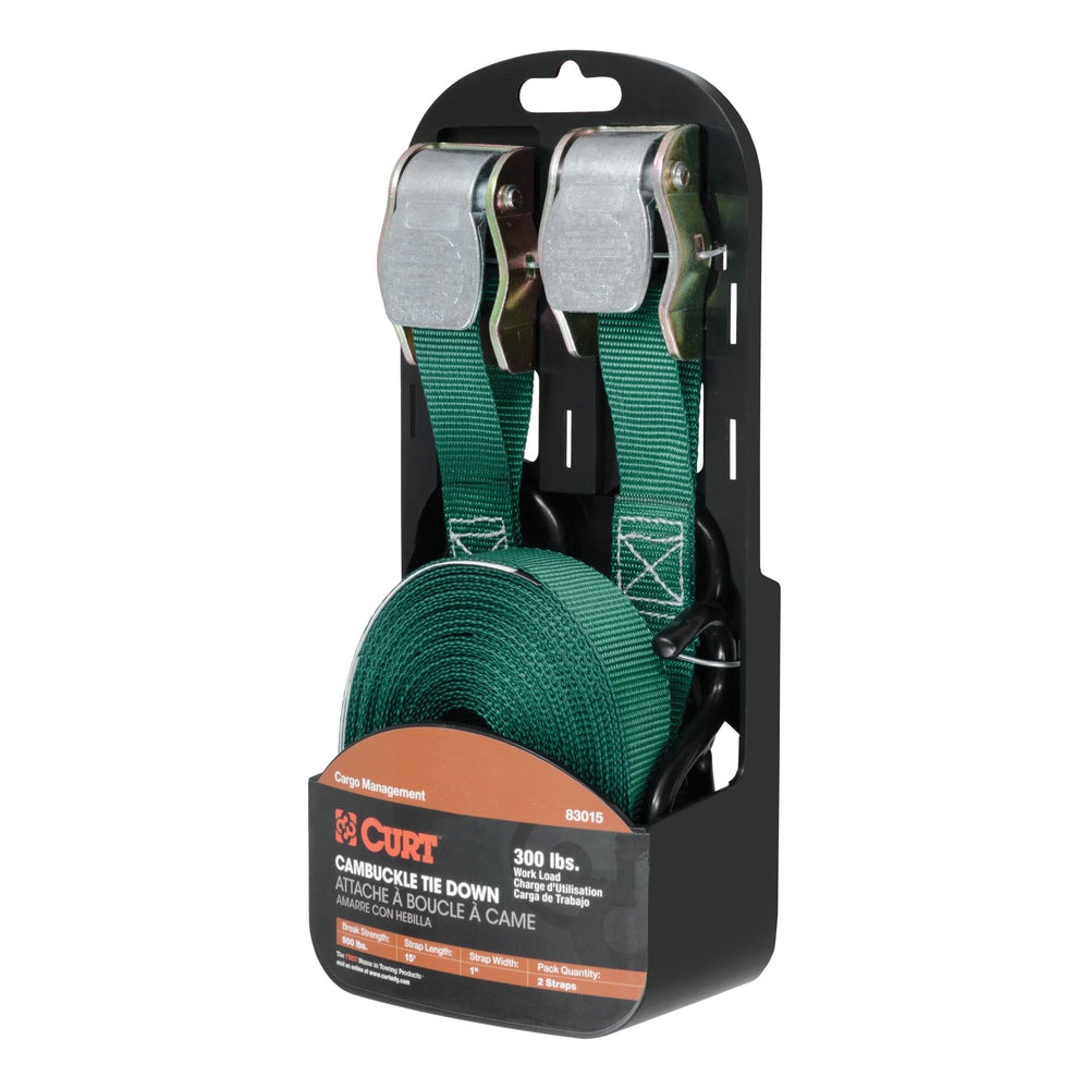 CURT 83015 Cargo Straps with S-Hooks, Dark Green, 300-lb, 15-ft, 2-pk