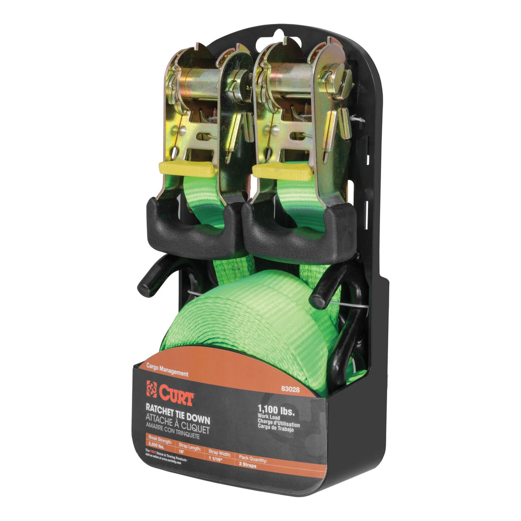 CURT 83028 16-ft Lime Green Cargo Straps with S-Hooks (1,100-lb, 2-pk)