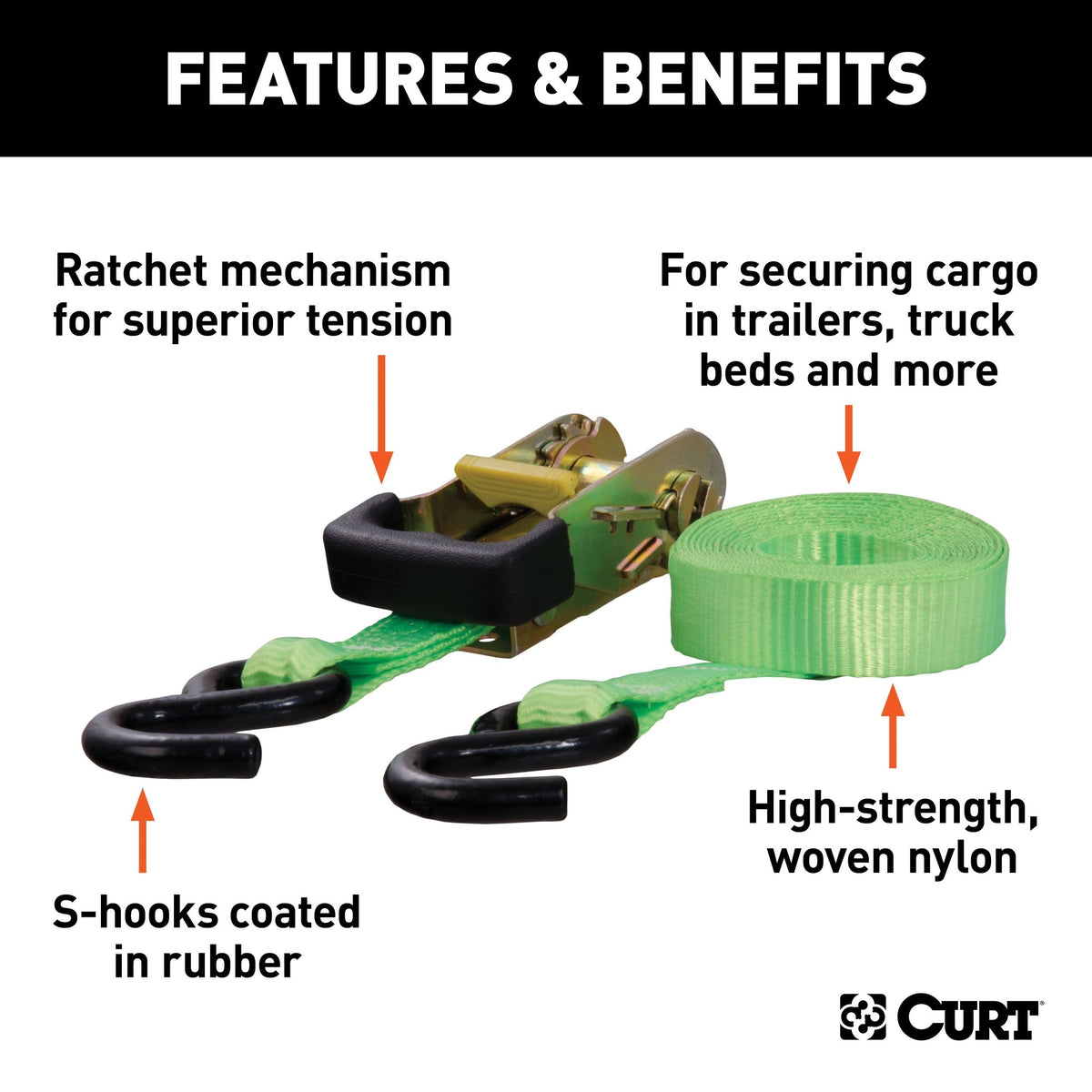 CURT 83028 16-ft Lime Green Cargo Straps with S-Hooks (1,100-lb, 2-pk)