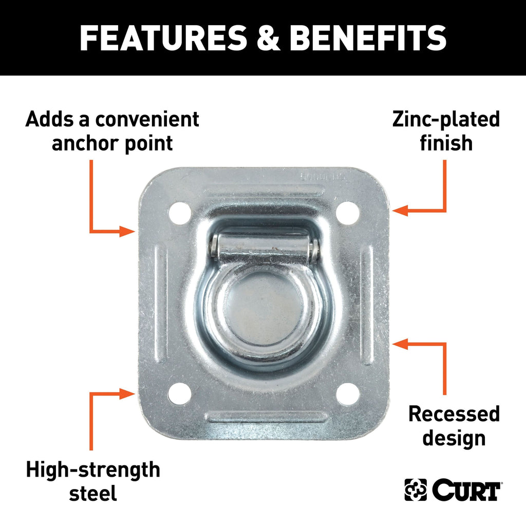 CURT 83600 1-1/2-in x 1-1/2-in Recessed Tie-Down Ring (5000-lb, Clear Zinc)