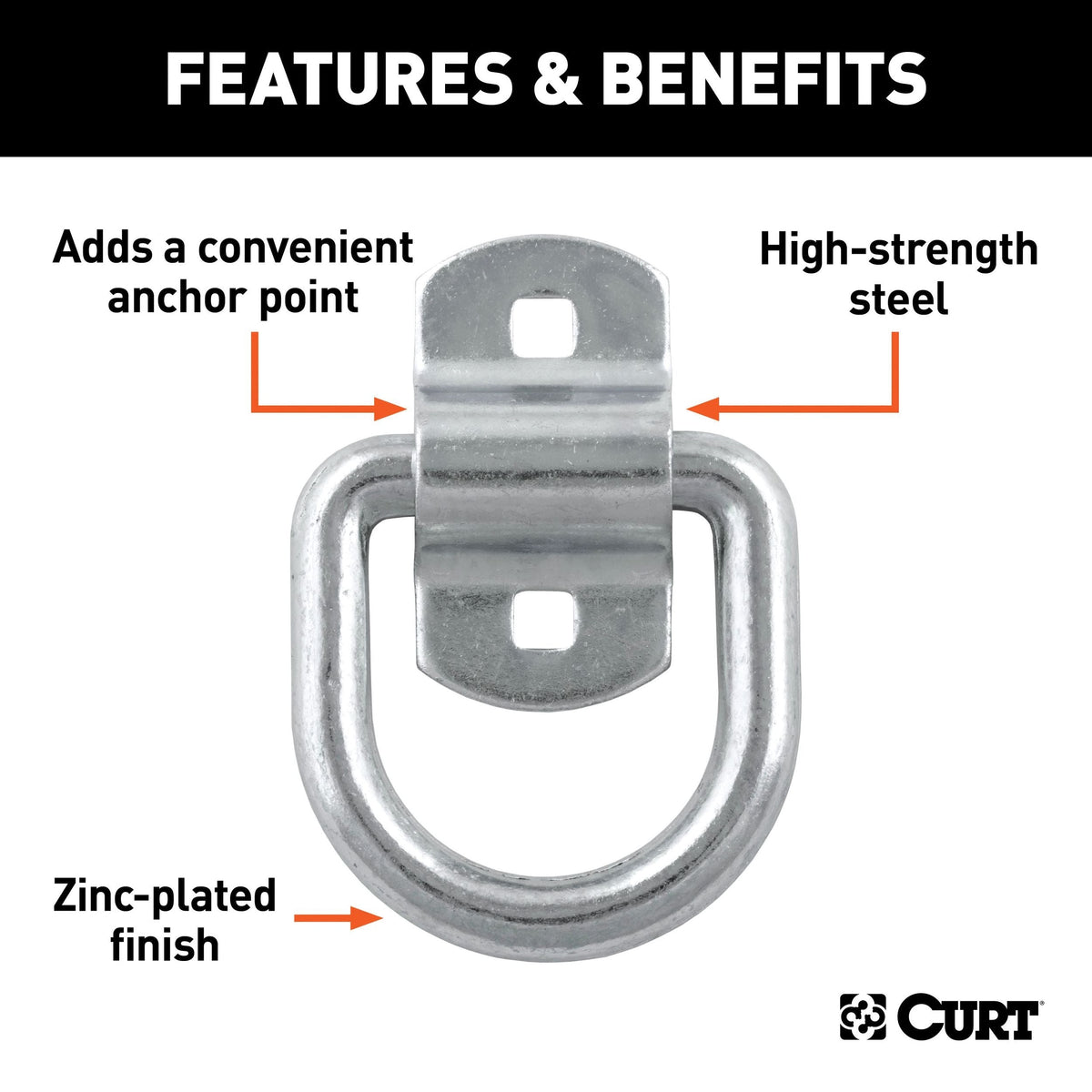 CURT 83742 3-in x 3-in Surface-Mounted Tie-Down D-Ring (3600-lb, Clear Zinc)