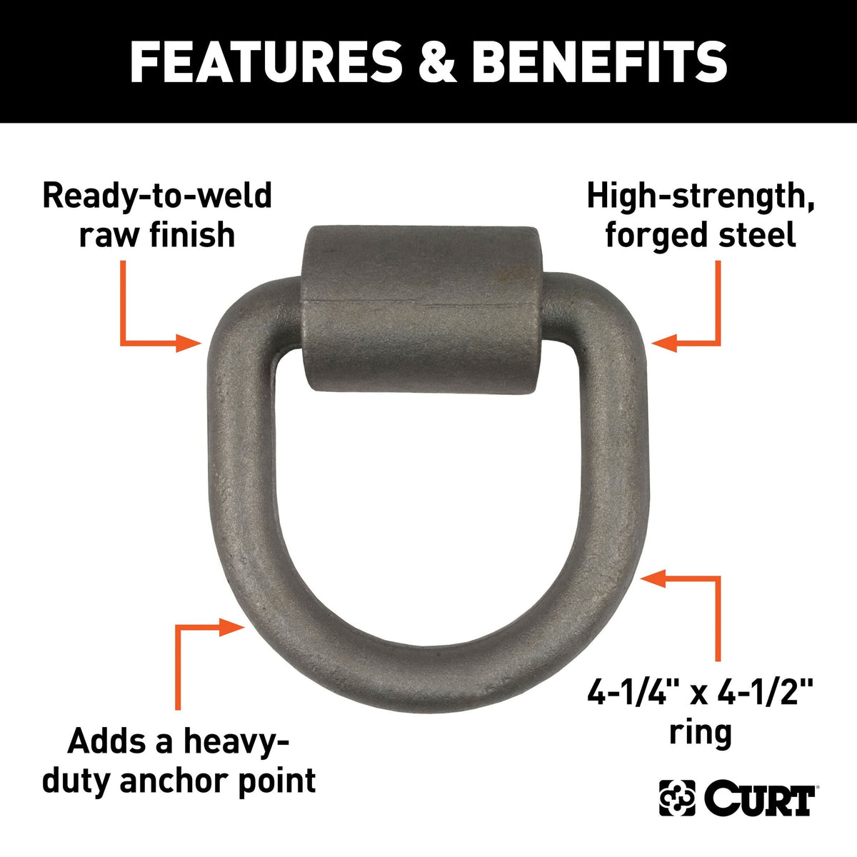 CURT 83750 3 x 3-in Weld-On Tie-Down D-Ring (6,100 lbs, Raw Steel)