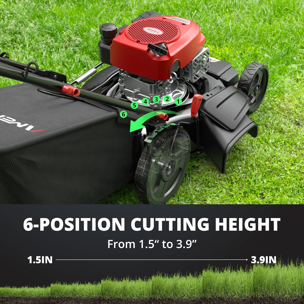 21" Steel Deck Gas Lawn Mower, 3-in-1 Push Mower, 144cc 4-Stroke OHV Engine, 6 Height Adjustment, 1.4 Bushel Grass Catcher with Bagging, Mulching & Side Discharge Efficient for Yard Garden