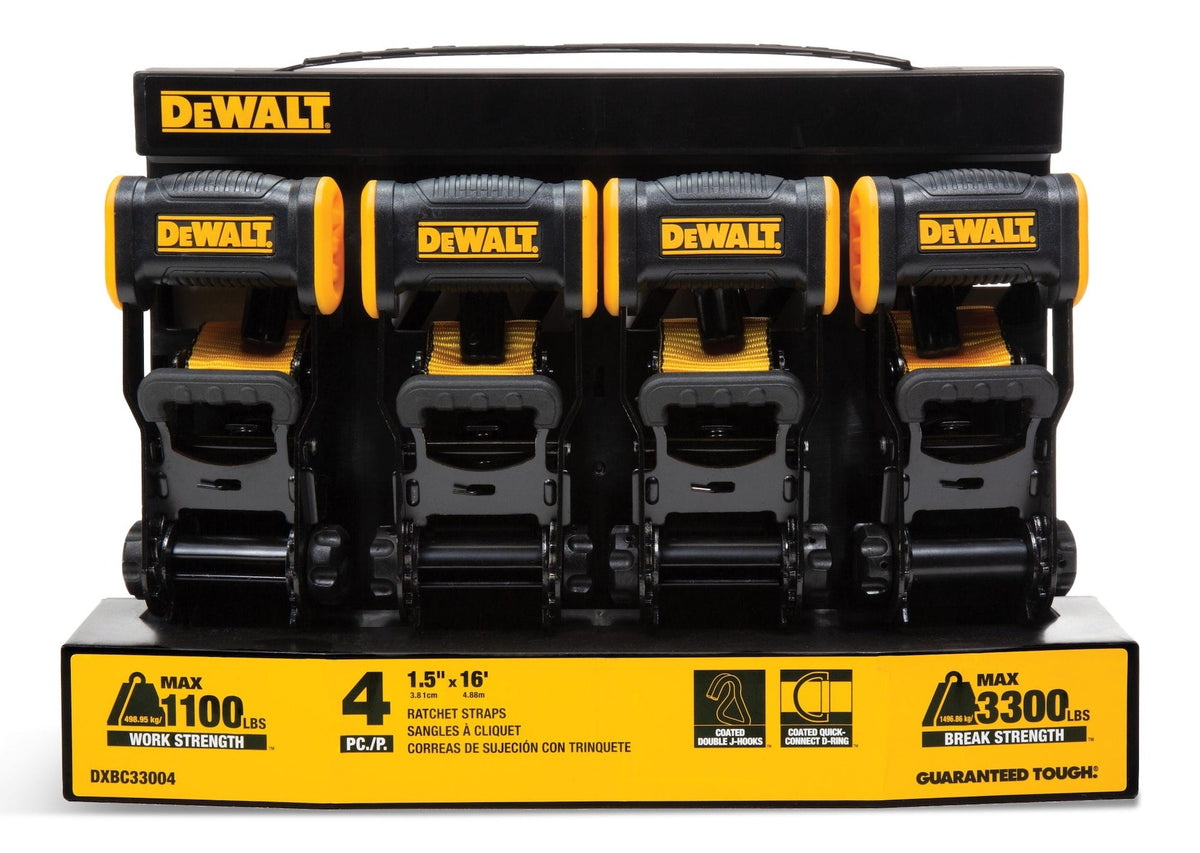 DEWALT 3,300-lb Ratchet Tie-Down Straps, Weatherproof, 1.5-in x 16-ft, 4-pk
