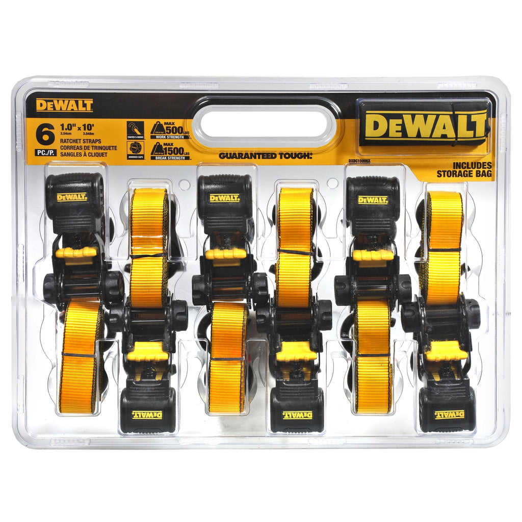 Dewalt DXBC15006X 1,500-lb Ratchet Tie-Down, with Storage Bag, 1-in x 10-ft, 6-pk, Yellow