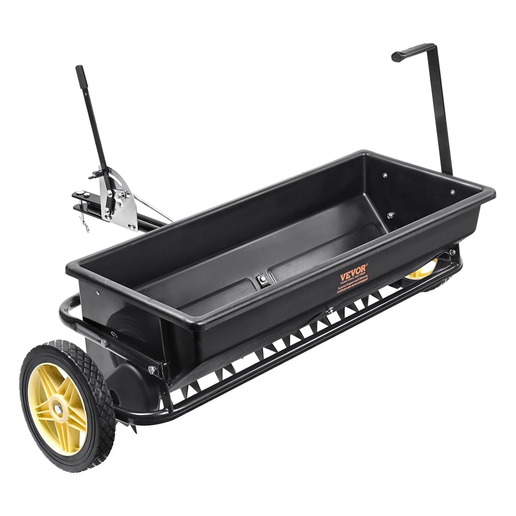 Broadcast seeder, 100-pound tractor-mounted rear polyethylene seeder with 10-inch wheels, equipped with a steel spike weeder, fertilizer spreader, garden seeder and salt spreader, suitable for residences, farms, rough terrain, and black pavement.