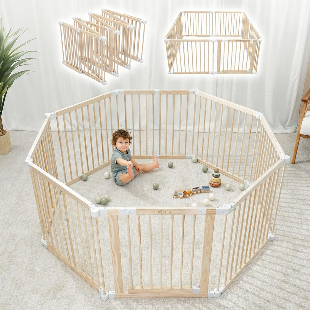 Baby Playpen & Gate - 144 x 144 x 63 cm, Extends Up to 579 cm - Pine Wood Foldable Playpen with Child-Proof Lock - Safe Play Fence Easy Assembly Baby Play Yard - Light Wood White