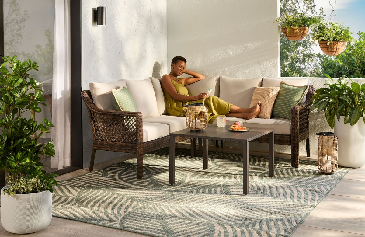 FOR LIVING Bracebridge All-Weather Wicker Outdoor Patio Sectional with Woodgrain Steel Table Top, Brown, 3-pc