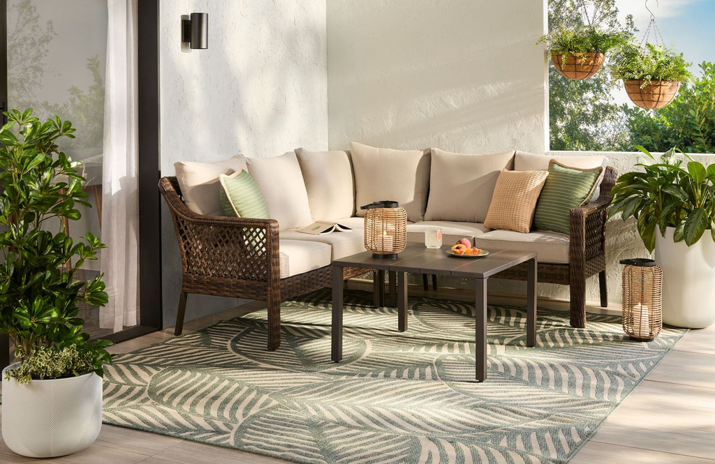 FOR LIVING Bracebridge All-Weather Wicker Outdoor Patio Sectional with Woodgrain Steel Table Top, Brown, 3-pc