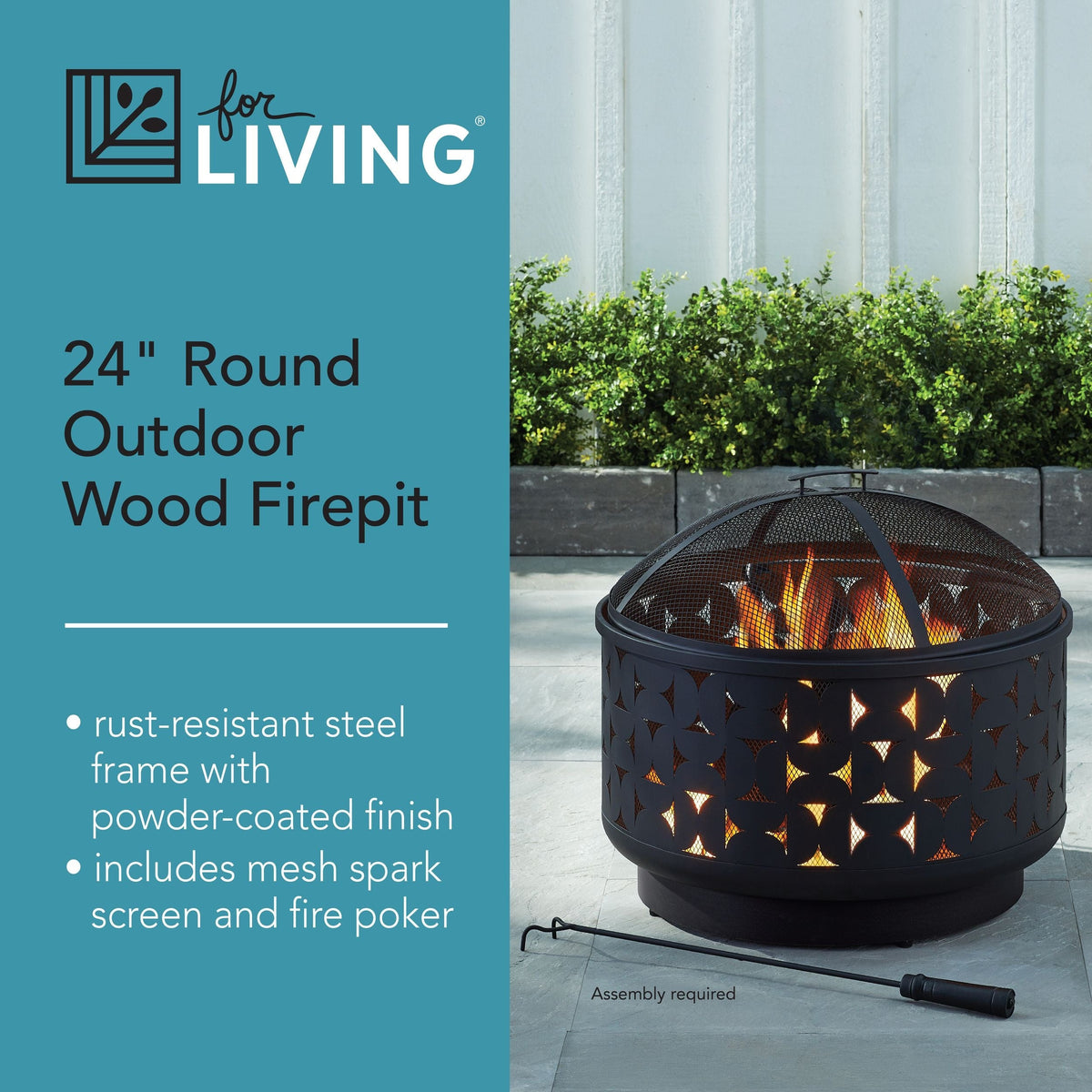 For Living Round Outdoor Wood Burning Fire Pit, Steel, Black, 24-in
