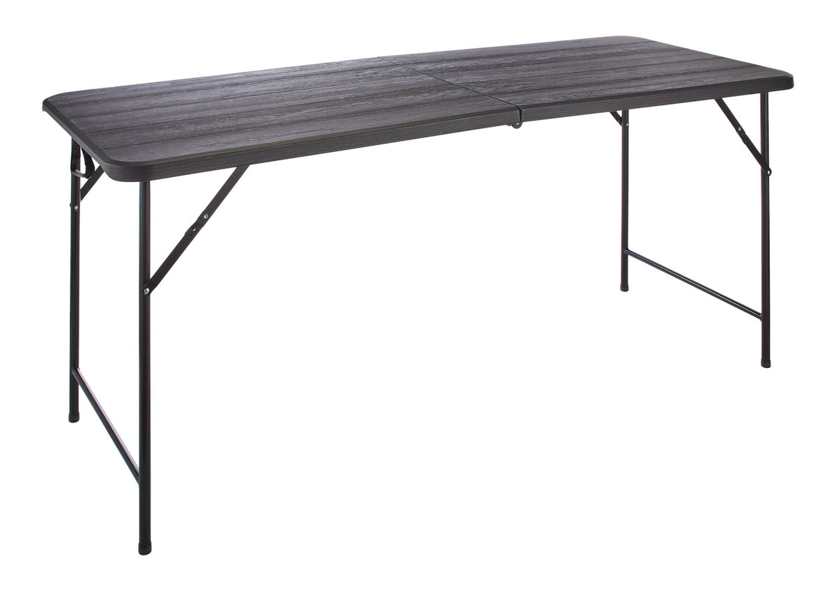 For Living Woodgrain Folding Table, Plastic/Steel, Black, 6-ft