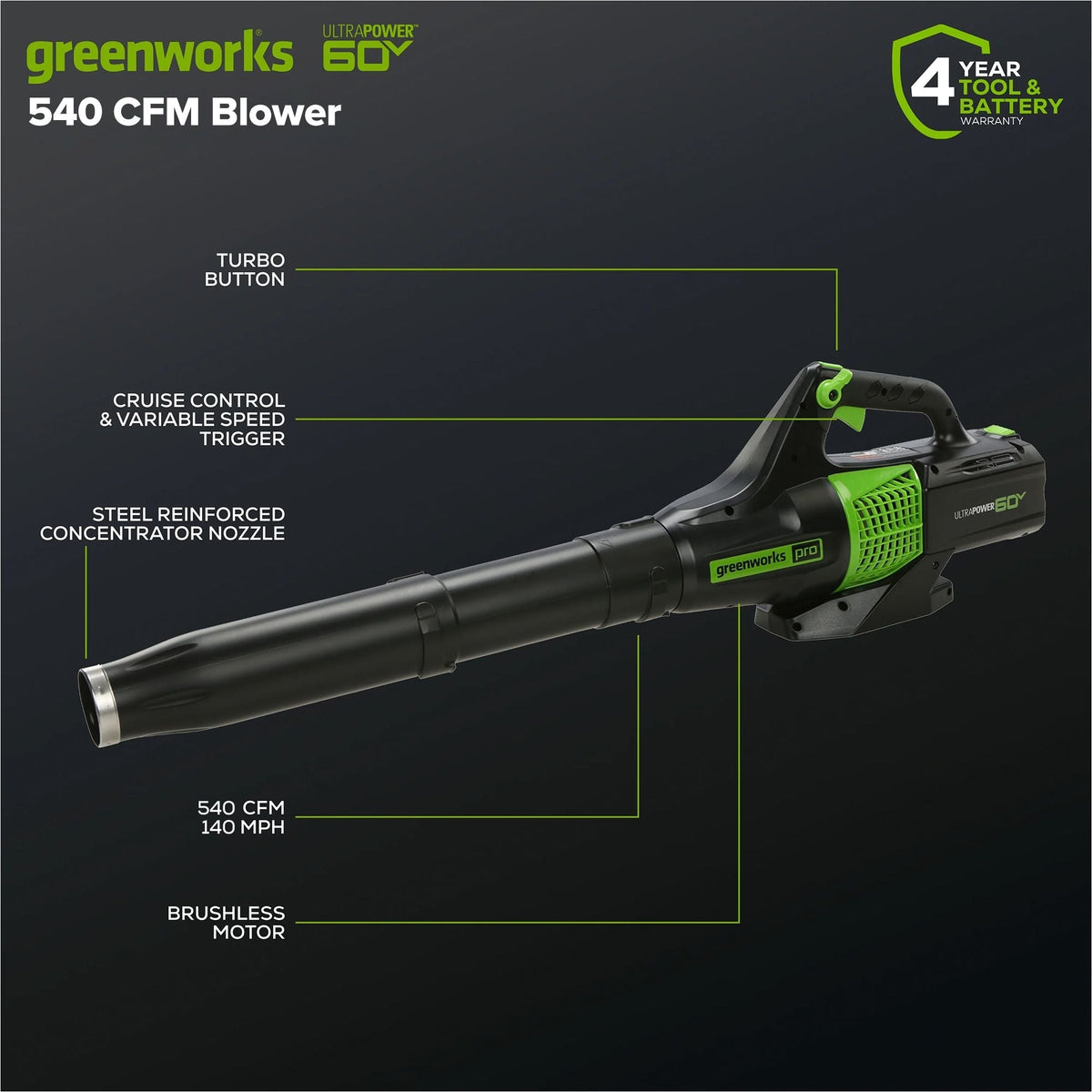 Greenworks 60V 13-in String Trimmer & 540CFM/140MPH Blower Combo Kit with 4.0Ah Battery & Charger