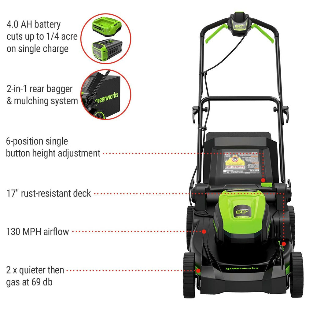 Greenworks 60V 17-in Push Lawn Mower with 4.0 Ah Battery & 3A Charger