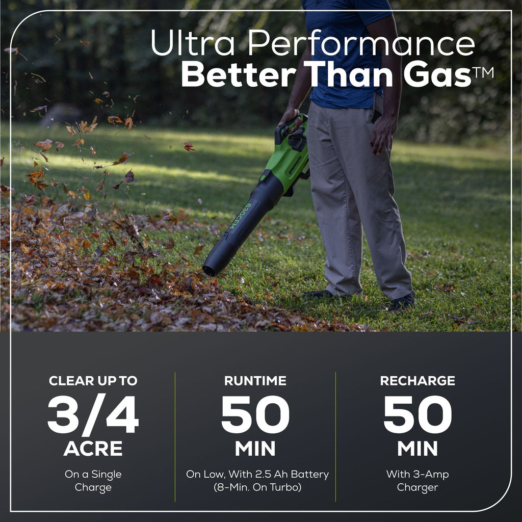 Greenworks 60V 630CFM 170MPH Leaf Blower 2.5Ah Battery 3A Charger