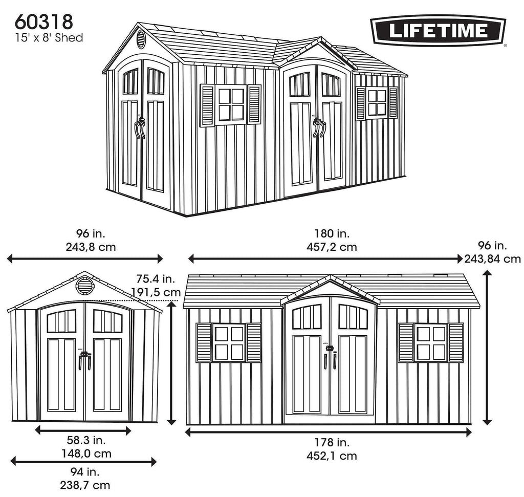 Lifetime Outdoor Storage Shed with Dual Side Entry, Dark Grey Roughcut, 15 x 8-ft
