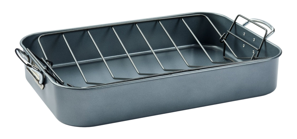 Master Chef Heavy-Duty Grey Non-Stick Roaster with Handle and Rack, 17-in