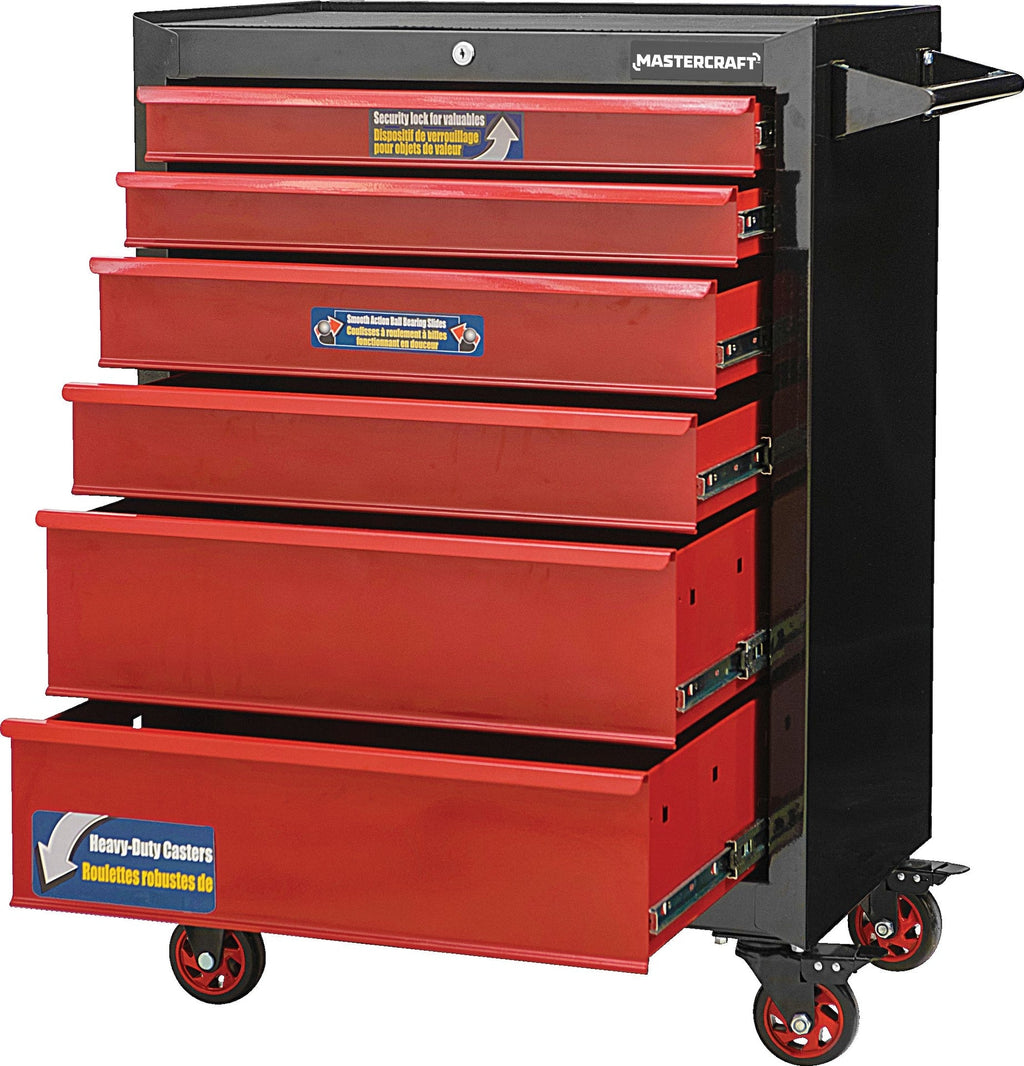 Mastercraft Rolling Tools Storage Cabinet with 6 Drawers, Black&Red, 26-in