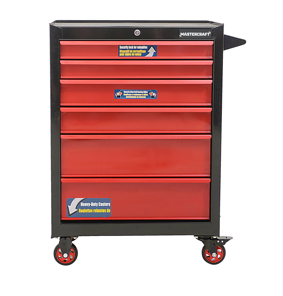 Mastercraft Rolling Tools Storage Cabinet with 6 Drawers, Black&Red, 26-in