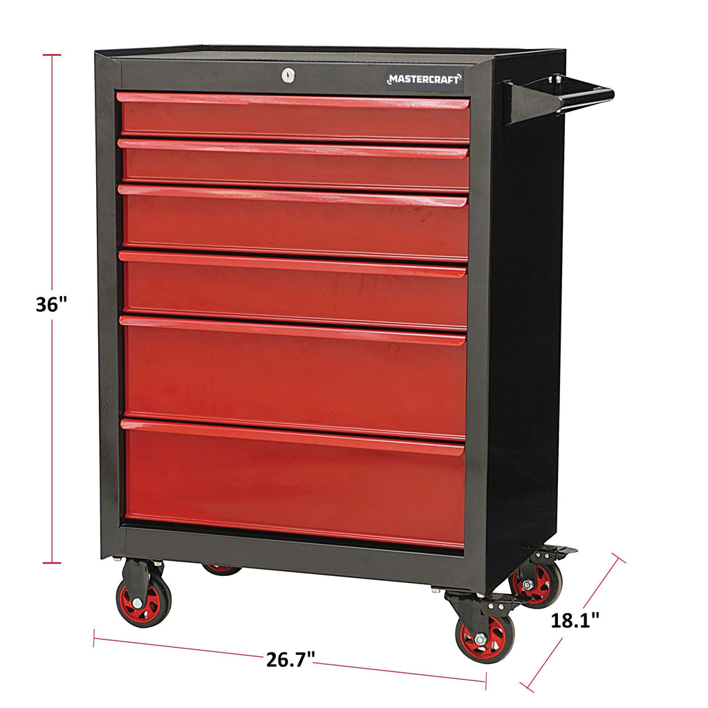 Mastercraft Rolling Tools Storage Cabinet with 6 Drawers, Black&Red, 26-in