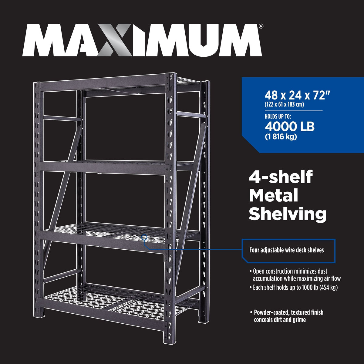 MAXIMUM Adjustable 4-Shelf Heavy Duty Steel Metal Storage Rack / Shelving Unit, 48 x 24 x 72-in